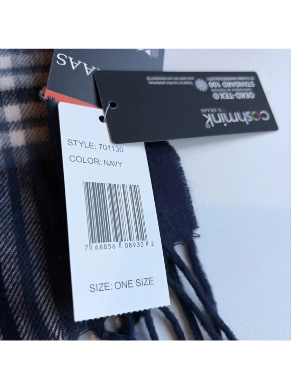 V. Fraas Cashmink Men's Classic Plaid Scarf Navy Super Soft Fringe Germany 80X12
